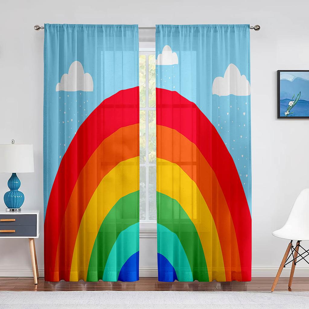 Fluffy Clouds and Rainbow Sky Tulle Curtains for Living Room Kids Bedroom Decoration Chiffon Sheer Voile Window Curtain Drapes
