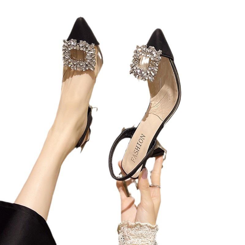 Summer new fashion rhinestone square buckle transparent belt splicing pointed head bag head thin heel high heel sandals