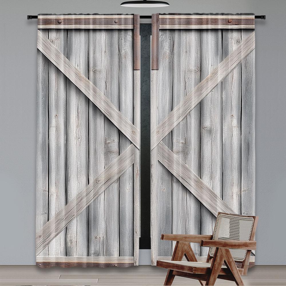 Set Of 2 Rustic Wooden Barn Door Western Country Theme Curtain Vintage Rural Farm House Window Curtains Modern Simplistic Drapes Polyester