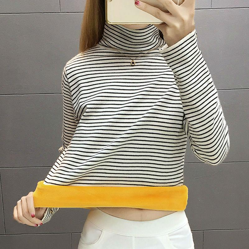 Women's Striped Fleece-Lined High Neck Base Layer Shirt - Long Sleeve Turtleneck Top for Fall/Winter