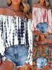 2025 Spring/Summer Plus Size Lace Off-Shoulder Printed Top with Tie-up Petal Sleeves