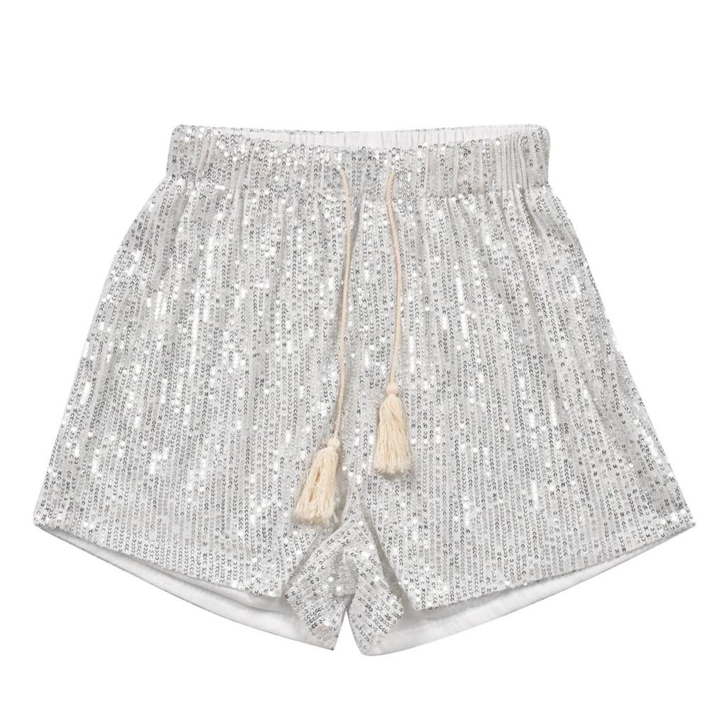 Women Summer Sequined Shorts High Waist Casual Loose A Line Shorts Shiny Clubwear Night Out Shorts Silver Black Shorts