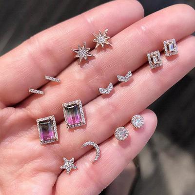 7 Paia Orecchini a Bottone Delicati Inlay di Pietre Artificiali Forma Cuore Stella Luna Quadrata Eleganti