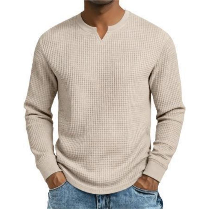 Camicia da Uomo a Maniche Lunghe in Maglia Waffle - Scollo a V, Tessuto Morbido e Traspirante, Vestibilità Rilassata per l'Uso Quotidiano Casual