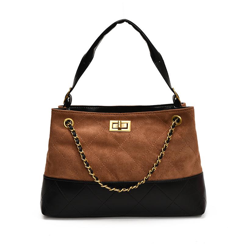Brown Korean Style Quilted Suede Tote Bag with Adjustable Chain Strap