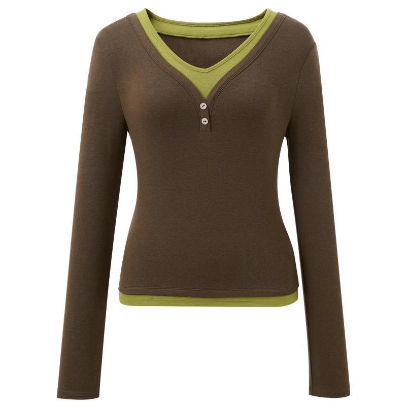 Sancai Women's V-Neck Faux Two-Piece Long Sleeve Pullover