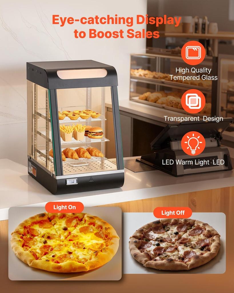 3-Tier Commercial Food Warmer Display, 800W Food Display Warmer with LED Light, Top Storage and Adjustable Shelves, 3085°C Steam Heating, 60 Qt /57L