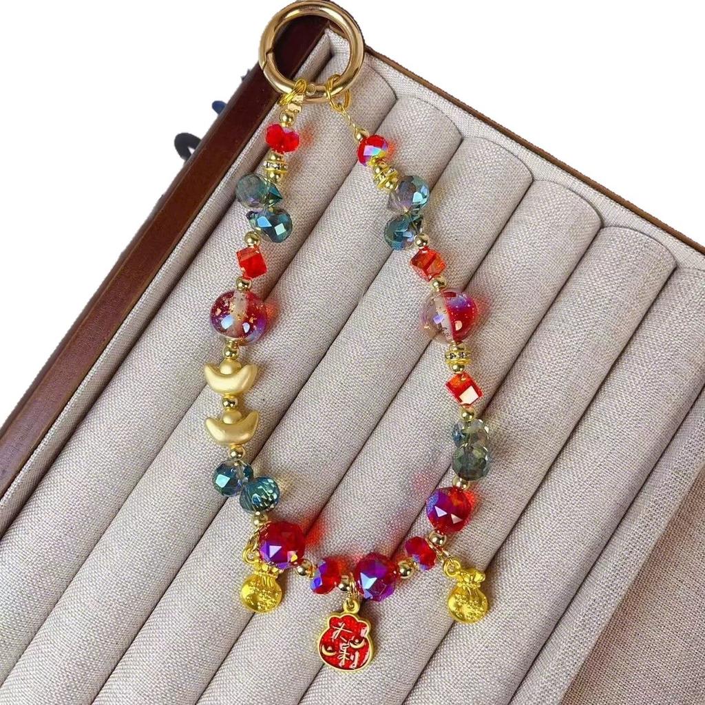 Premium mobile phone chain gold ingot gypsy crystal beaded bracelet mobile phone lanyard short wrist lift chain pendant