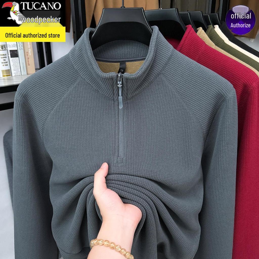 Woodpecker Men's Thick Velvet Fleece Hoodie with Half-Zip and Stand Collar for Autumn/Winter 2025