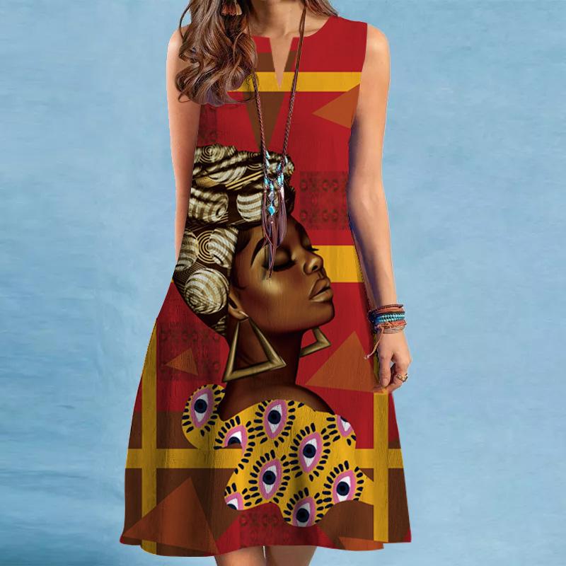 Spring and Summer Printed V-neck Loose Casual Sleeveless Dress Female Beach Vacation Casual Dresses