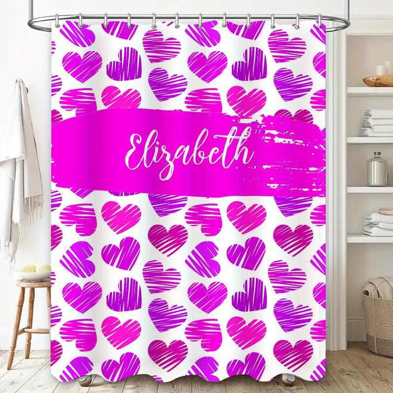 Pink Hearts Bathroom Shower Curtain Personalized with Name for Girls Gift Decor Home Decoration Waterproof Fabric Size Customize
