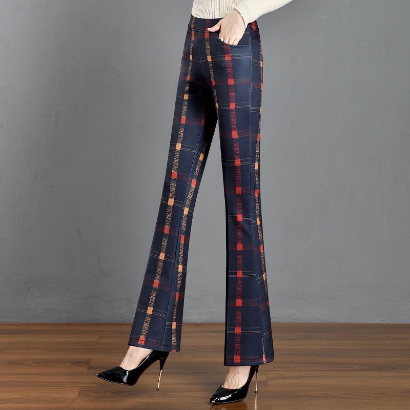 2024 Slimming Plaid Micro-Flare Pants: Thick, Fashionable, Elastic, Versatile Women's Long Pants for Autumn and Winter.