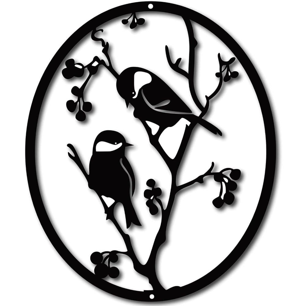 Black Metal Bird Wall Art Oval Tree Branch Decor Hanging Sign for Garden Home Indoor Outdoor Halloween Christmas 10x12 Inch