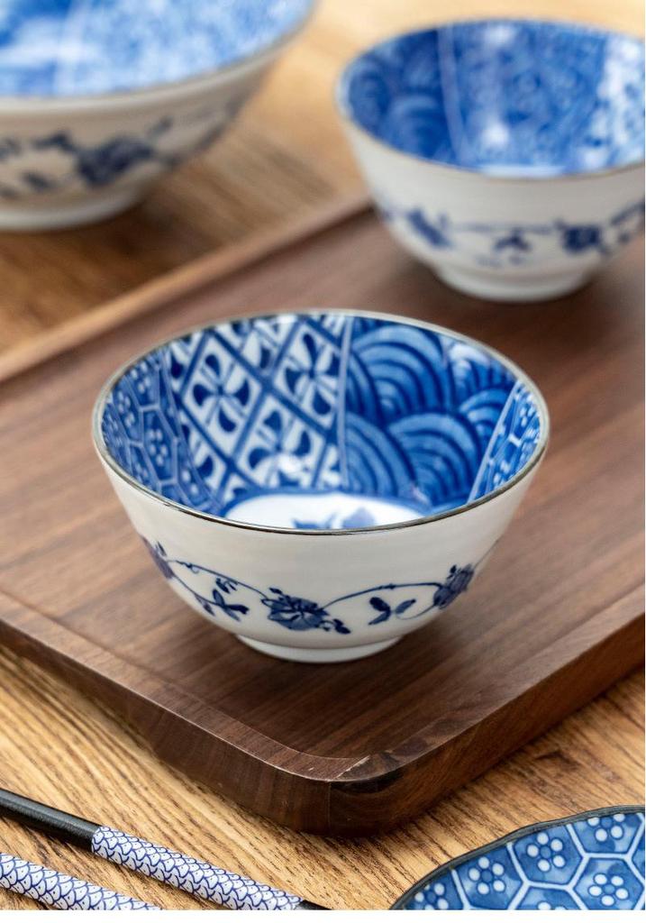Retro Blue & White Japanese-Style Porcelain Rice Bowl & Ceramic Plate Set
