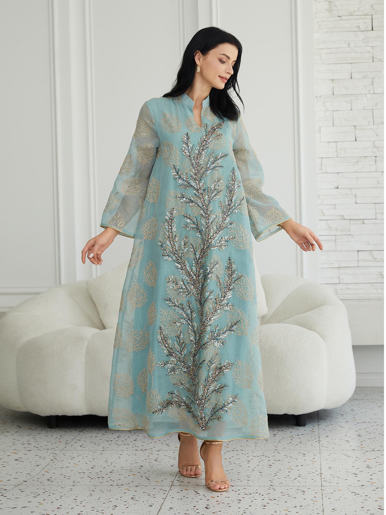 

NC90 Женское платье-абая большого размера с вышивкой и пайетками - Ближневосточный и западный стиль L светло-синий