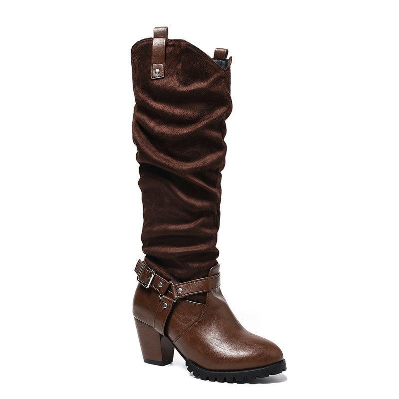 Female Knight Boots Autumn and Winter New Patent Leather Round Head Thick Sole Thick Heel Super High Heel Belt Buckle Can Not Knee Boots
