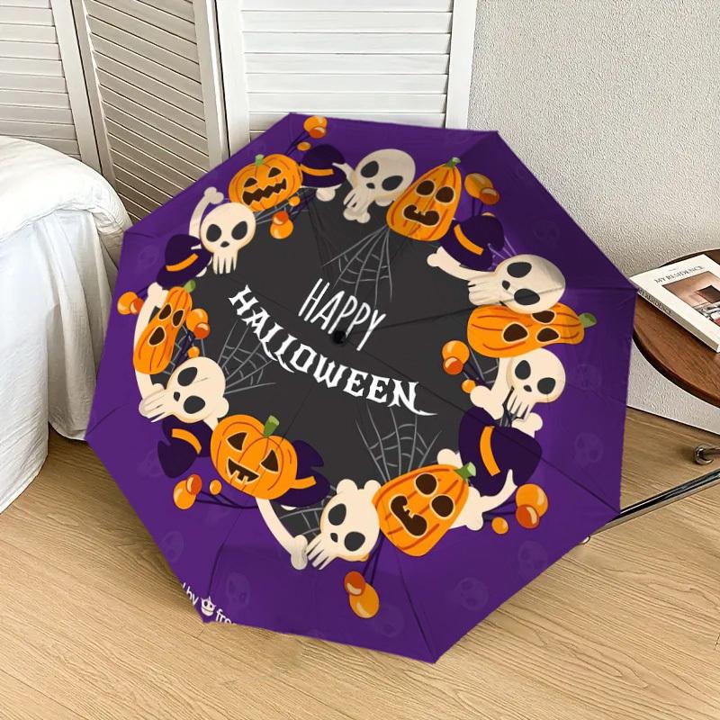 1pc Halloween Skulls Pumpkins Wreath Design Umbrella with Plastic Handle,Suitable for All Seasons Home Travel Outdoor UmbrellaDD1381