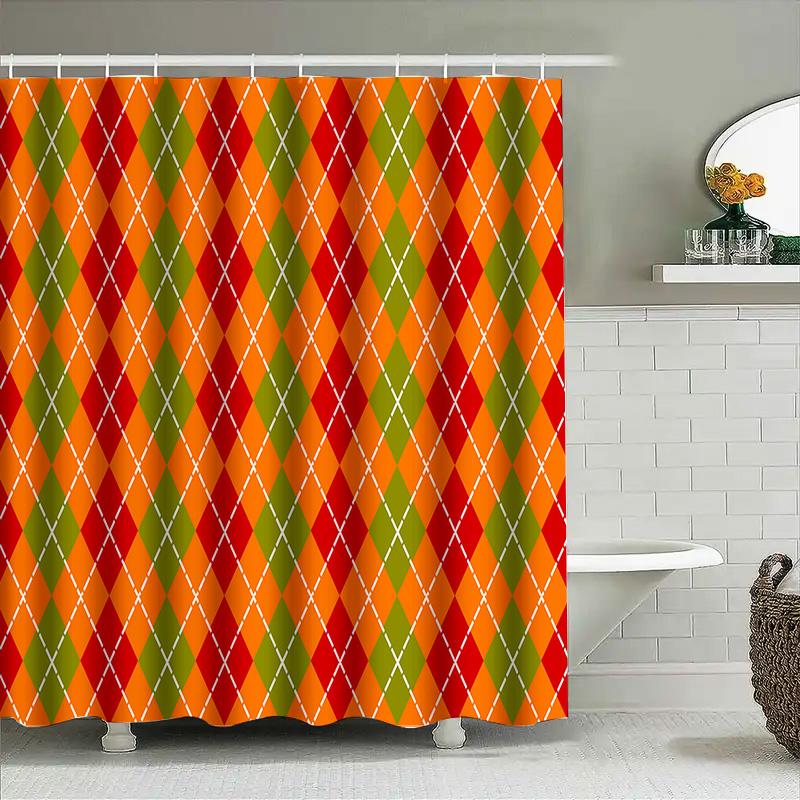 GAEPattern Shower Curtain Waterproof Fabric Decorative Bathroom Accessories Set for Home Decoration Green Orange Argyle Plaid