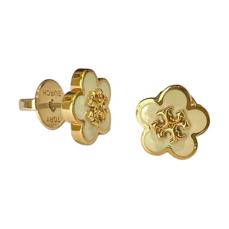TORY BURCH KIRA Double T Logo Pattern Flower Brass Stud Earrings Women s 147151-701-Ivory F one size fits all белый