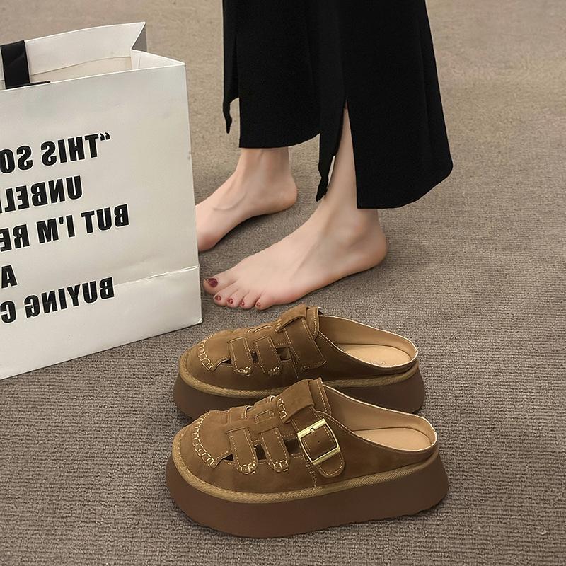 Platform-soled Boken shoes women's bag head half slippers 2025 new summer outer wear hollowed-out retro Roman muffin cool slippers