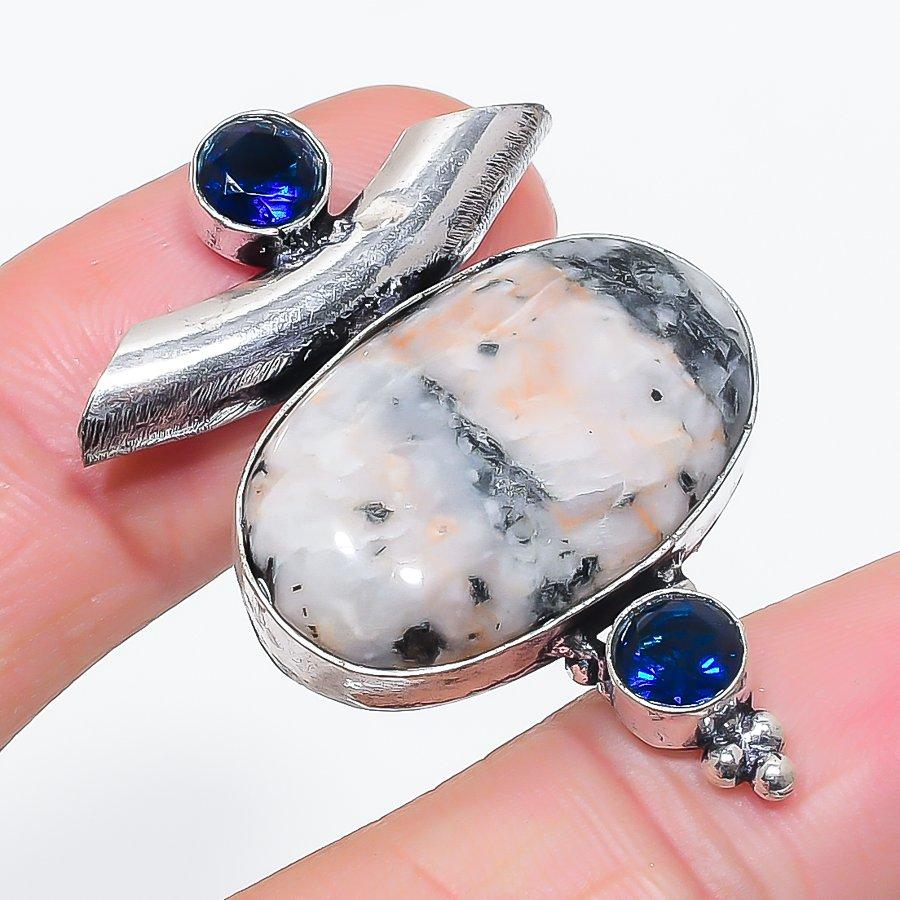 Natural Ocean Fume Agate, Topaz 925 Sterling Silver Jewelry Pendant 1.69" V0W87