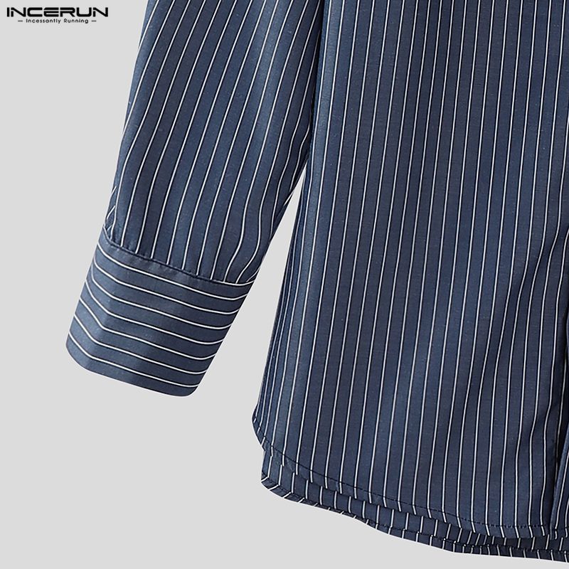 INCERUN Plus Size Men Lapel Neck Long Sleeve Lace-up Striped Loose Casual Long Shirts