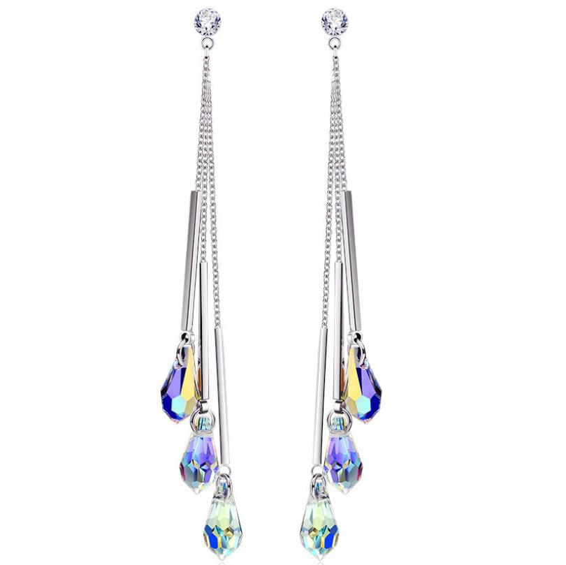Korean Style Crystal Tassel Long Pendant Earrings - Versatile and Fashionable. серебряный