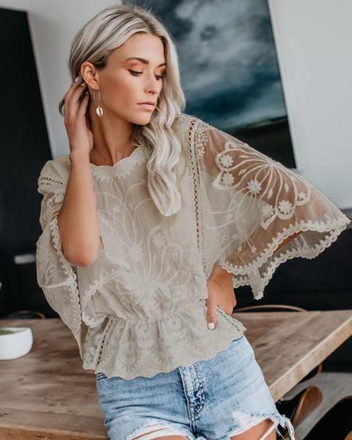 

Women s Lace Short Top with Hollow Out Pattern, Ruffle Hem, Flared Sleeves, Multiple Colors L хакі