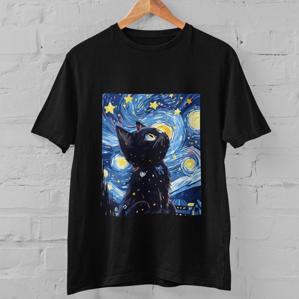

Футболка «Звездная ночь» с черным котом, вдохновленная Ван Гогом, художественная графическая футболка, подарок 2XL