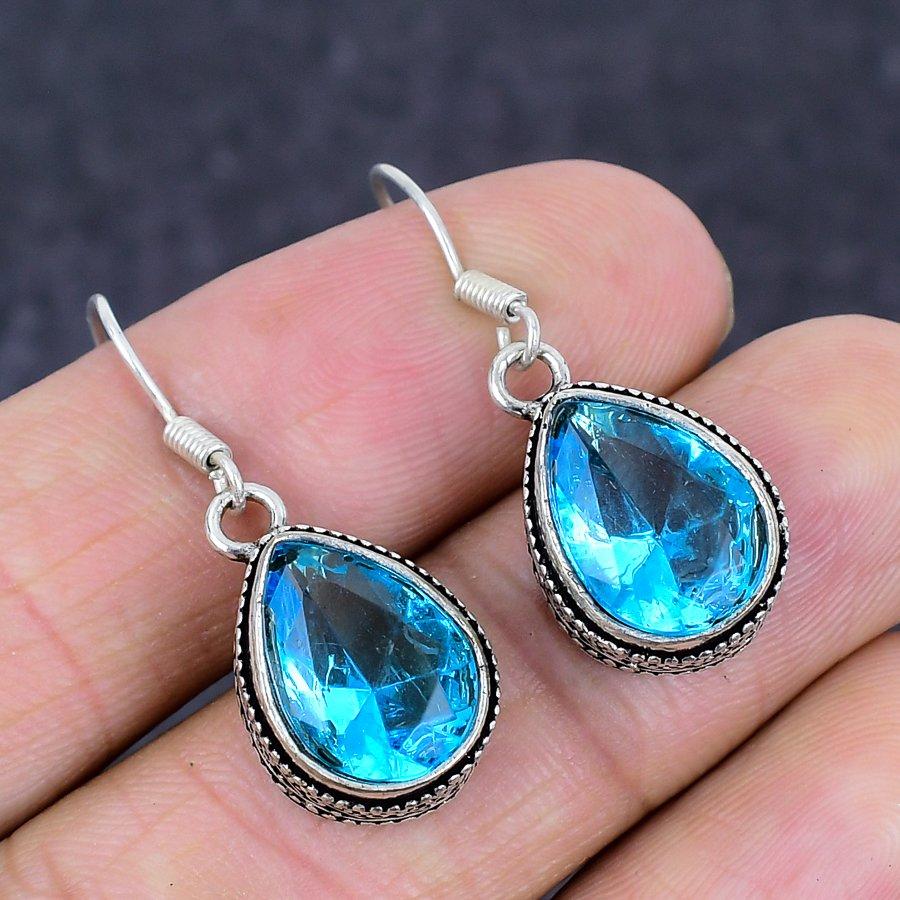 Natural Swiss Blue Topaz Gemstone 925 Sterling Silver Jewelry Earring 1.38" N2u44