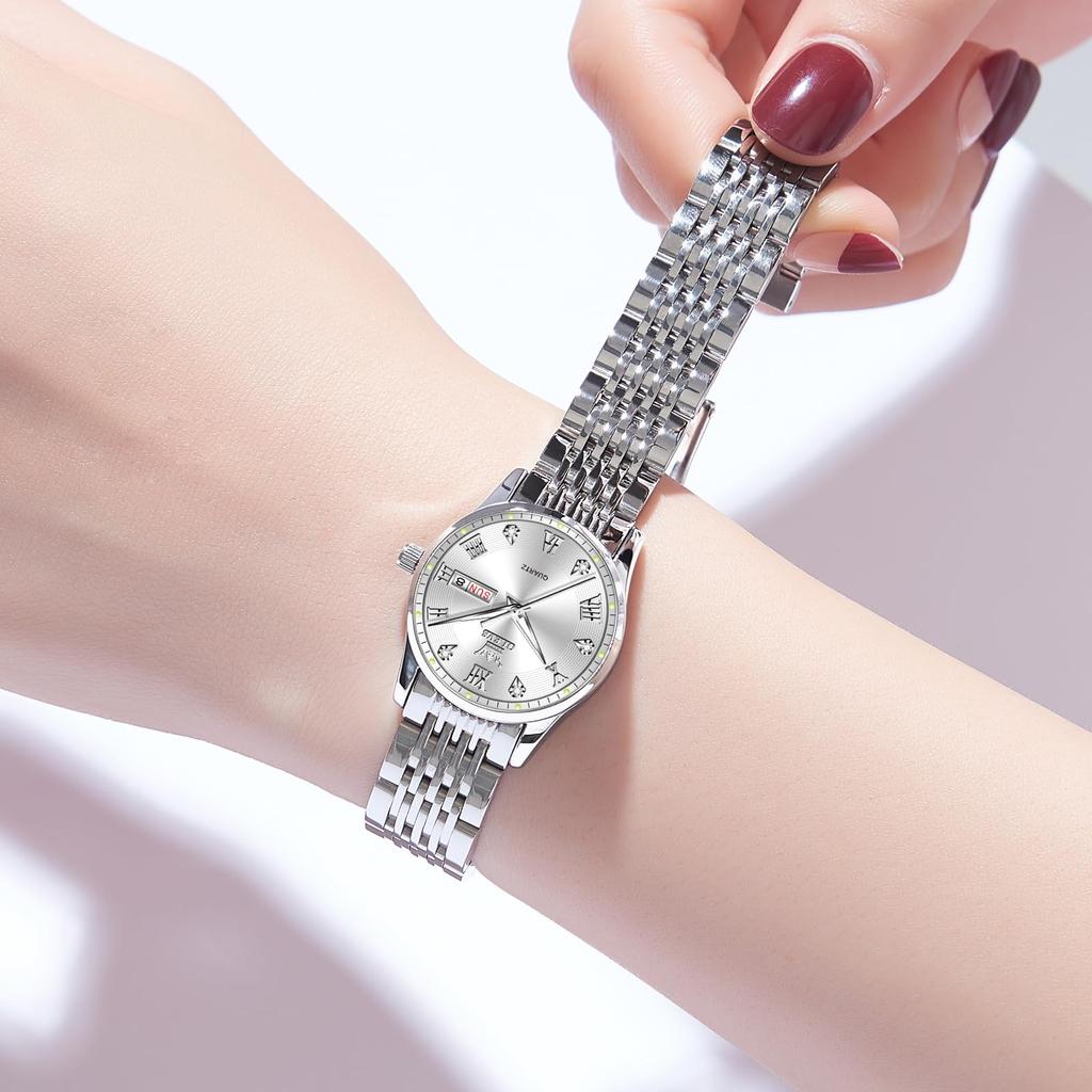 OLEVS Ladies Watch Analog Quartz Popular Waterproof Watch White Business Stylish Silver Dial Small Stainless Steel Band Ladies Watch White Date Day of