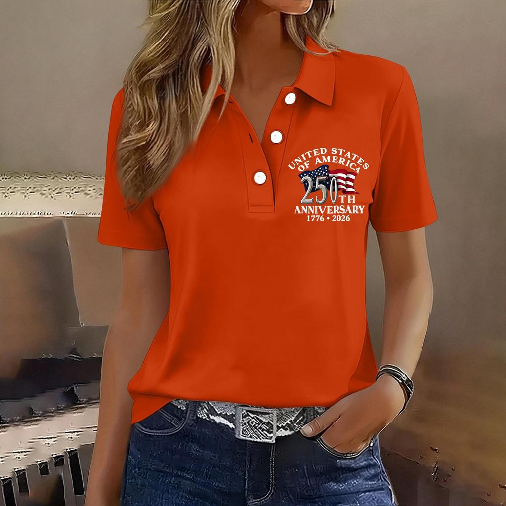 Women's Casual Button Front Short Sleeve Polo Shirt 250th Anniversary United States Printed Top 1776 To 2026 Commemorative Apparel