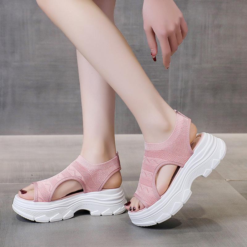 Вязаные женские сандалии на массивном каблуке. Дышащие сандалии на платформе. Эспадрильи — фото 5