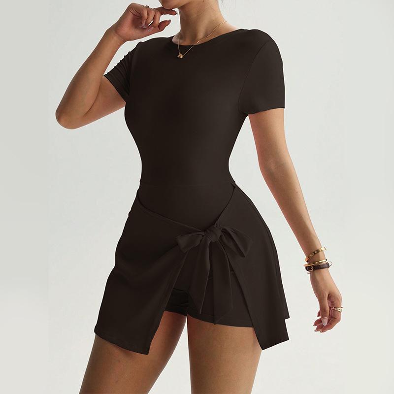 Casual Yoga One-Piece Short Skirt Tight Back Fake Two Pieces Outdoor Fitness Anti-Light Sports Tennis Skirt Women