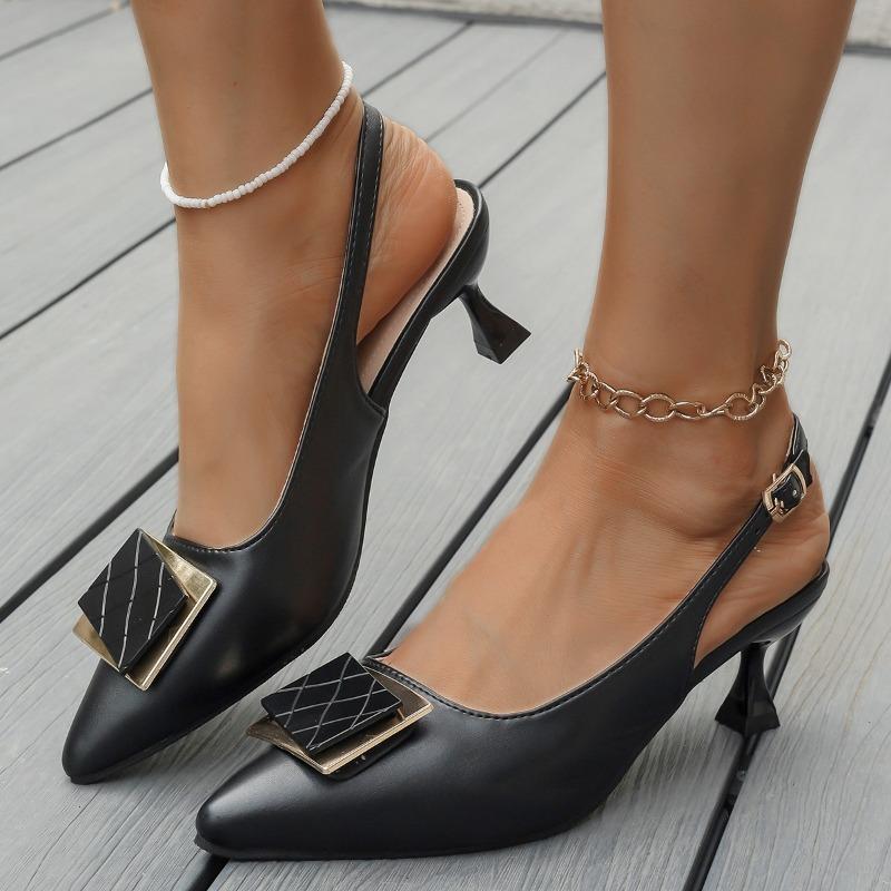 

Fashion Skinny Heel Temperament Celebrity High Heels Summer Baotou Shallow Mouth Metal Square Buckle Non-Tired Foot Sandals 43 чёрный