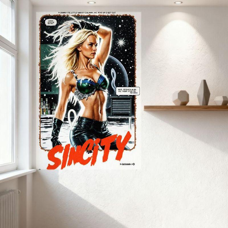Sincity Vintage Comic-Book Style Metal Tin Sign - Blonde Heroine, Sci-Fi Lab Space Background Decor for Bar Club Man Cave Home W