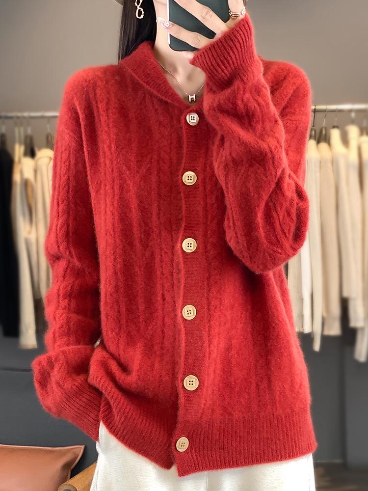 Women's Premium Wool Cardigan: Cozy Loose-Fit with Twisted Collar for Autumn and Winter