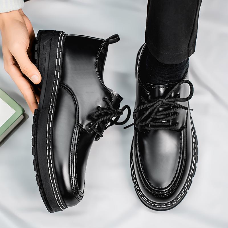 Men Gloss Leather Chunky Platform Oxford Shoes, Lace Up Non Slip Thick Sole Casual Formal Shoes For Office Daily Street Dating