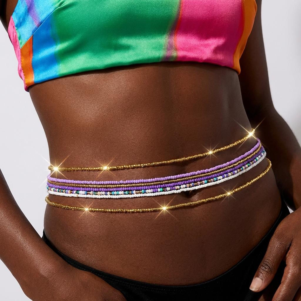 5Pcs Women Summer Beach Layered Belly Chain for Women Color-block Elastic Waistband Festival Body Accessories Vacation Jewelry