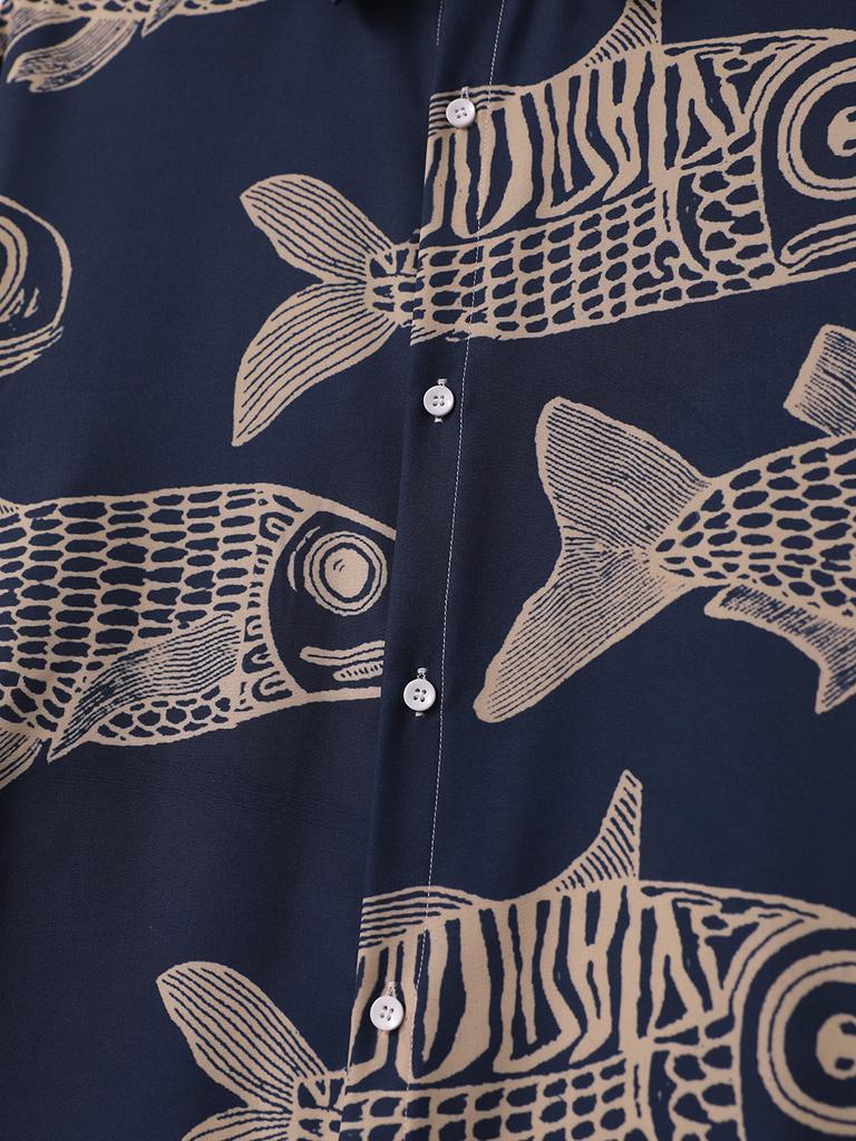 Übergroßes, lockeres Vintage-Kurzarmhemd mit Karpfen-Vollfisch-Print für Herren, lockeres Sommerhemd, trendiges Streetwear-Oberteil für Männer