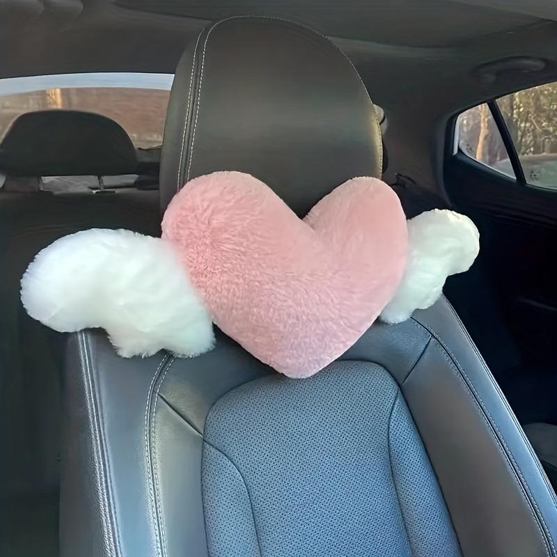 2pcs Plush Heart Car Pillow with Angel Wings - Neck Support for Seat - Fashionable Fabric Interior Accessories for Women's Car