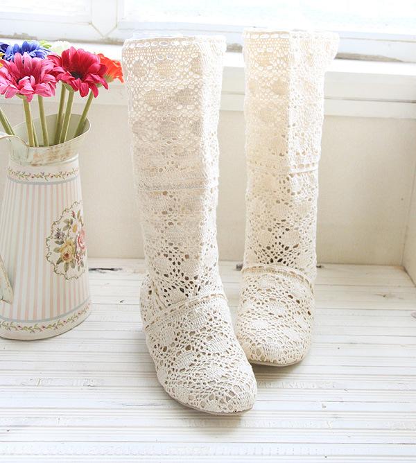 34-43 Women Hollow Boots Breathable Shoes Summer Female Knee High Botas Mesh Knit Line Flats Slip-On Solid Color Ankle Footwear