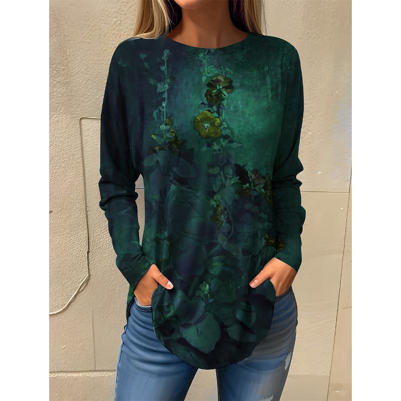 

Women s T Shirt Floral Fashion Long Sleeve Round Neck Regular Tops Holiday Weekend Print Blue Purple Green Spring & Fall S