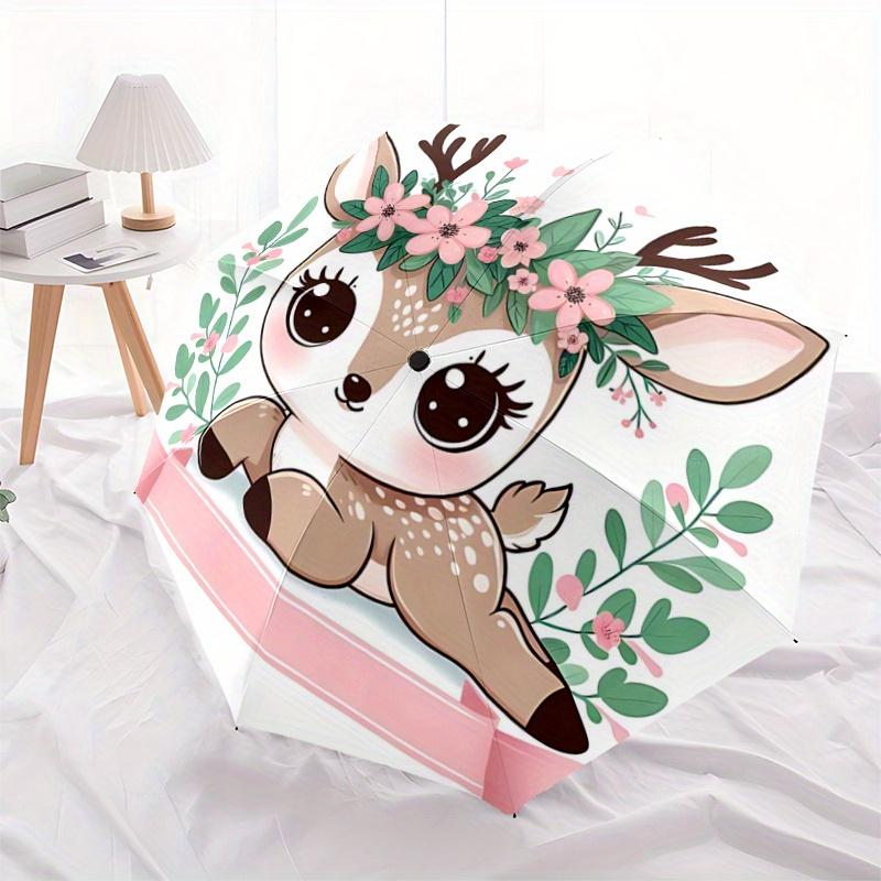 

1pc Cute Deer Floral Wreath Automatic Folding Umbrella - 3 Folding Design, Vivid Cartoon Pattern, Suitable for Outdoor Activities, A Gift fo