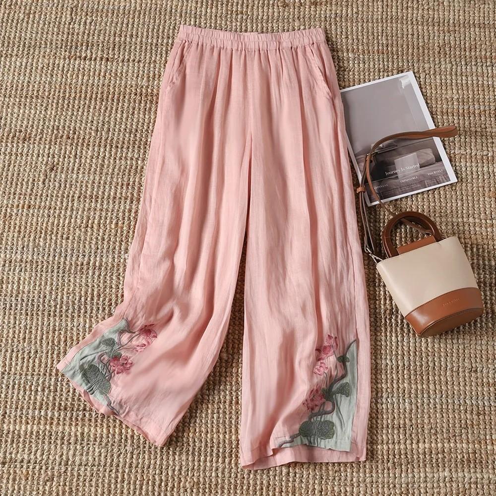 Women's Summer Chinese Ethnic Style Retro Wide Leg Pants Embroidery Breathable Casual Pants