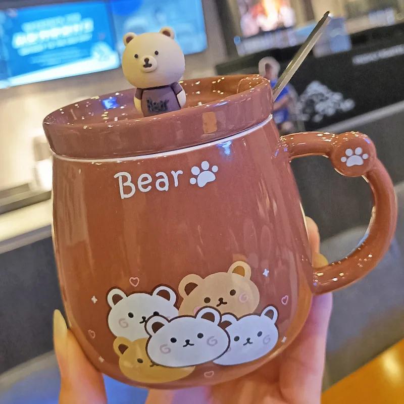 Kreative Keramiktasse mit Bär, Niedliche Cartoon-Kaffeetassen mit Deckel und Löffel, Frühstücks-Milchgetränkebecher, Wasserbecher für Paare, Bürotassen-Set