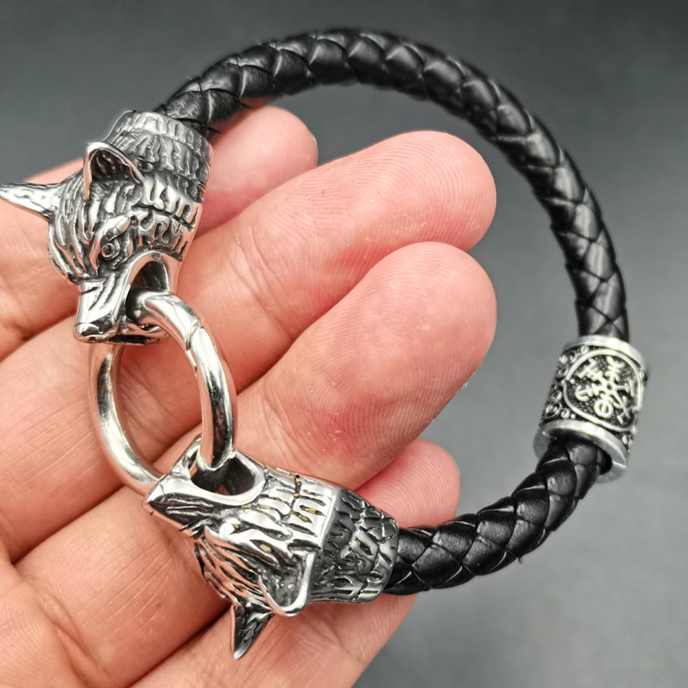 Wolf Head Bracelet Stainless Steel Viking Rune Bead Leather Bracelet Jewelry For Women Men Unisex Gift