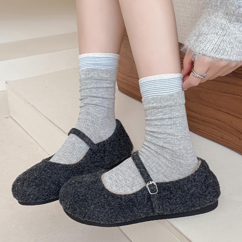Women's Japanese Style Ribbed Stripe Mid-Calf Socks - Grey Patchwork Fake Two-Piece for Spring/Autumn Versatile Girly Fashion