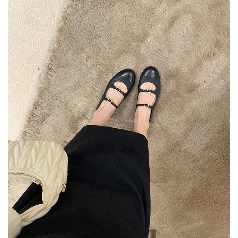 Mode Femmes Chaussures Mary Jane Plates à Bout Rond et Décolleté Bas Ballerines Chaussures à Sangle Double Boutonnage Escarpins à Talons Bas d'Été