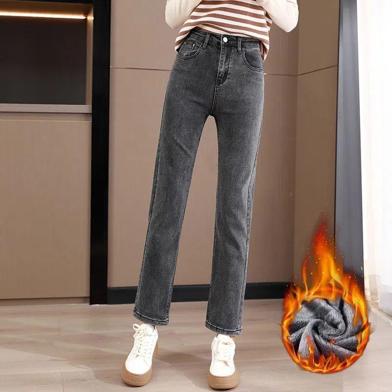 Jeans women's winter high waist pear shape body nine points fleece thickened cigarette pipe